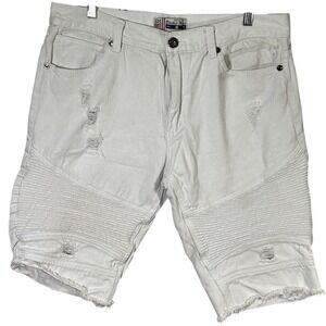 Bleecker & Mercer Shorts Mens‎ White Distressed Biker Denim Jean Shorts Size 36